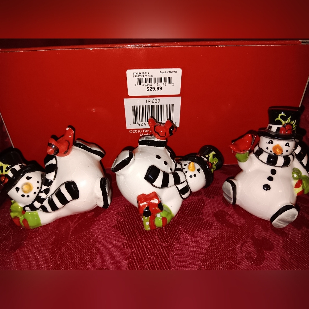Fitz and Floyd Frosty's Frolic Snowman Set with Red and Green Accents - Picture 2 of 5